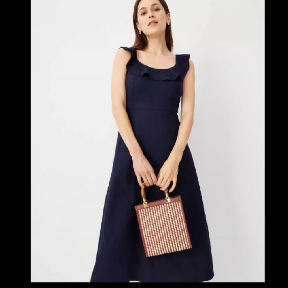 ANN TAYLOR SCOOP NECK LINEN BLEND RUFFLE NECK FLARE DRESS NIGHT SKY NAYY BLUE 2